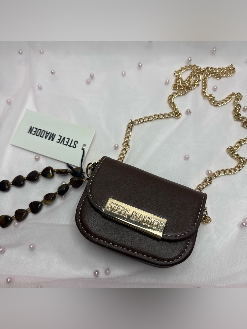 Steve Madden Brown Brilly Wallet W/Bead and removable Crossbody Gold Chain 🤎